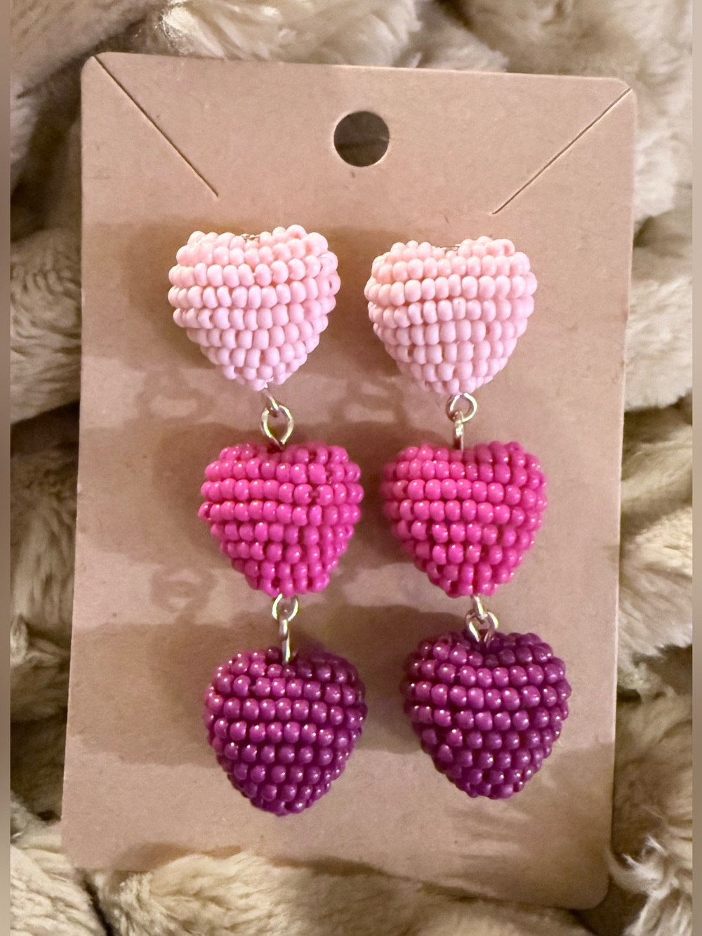 Beaded Heart Dangle Earrings in Three Shades of Pink